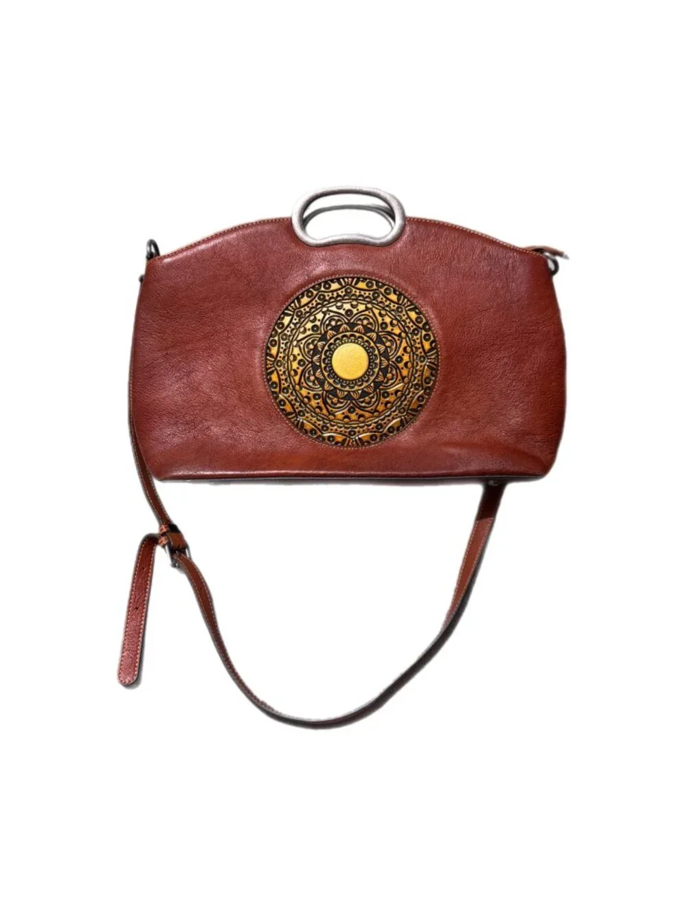 Genuine Leather Bag Brown Satchel Crossbody Tooled Western Folk Art Boho Rustic